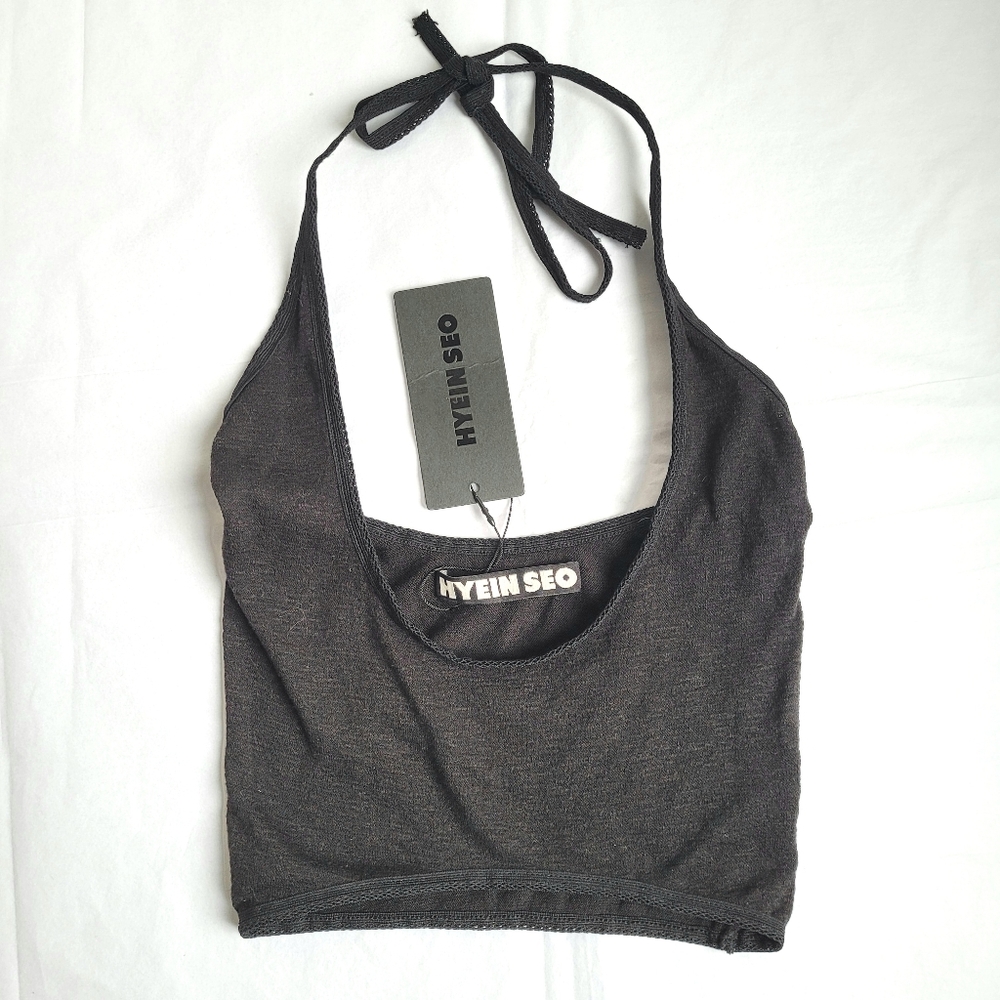 NWT HYEIN SEO Black Knit Halter Tie Neck Crop Top Stretch XS